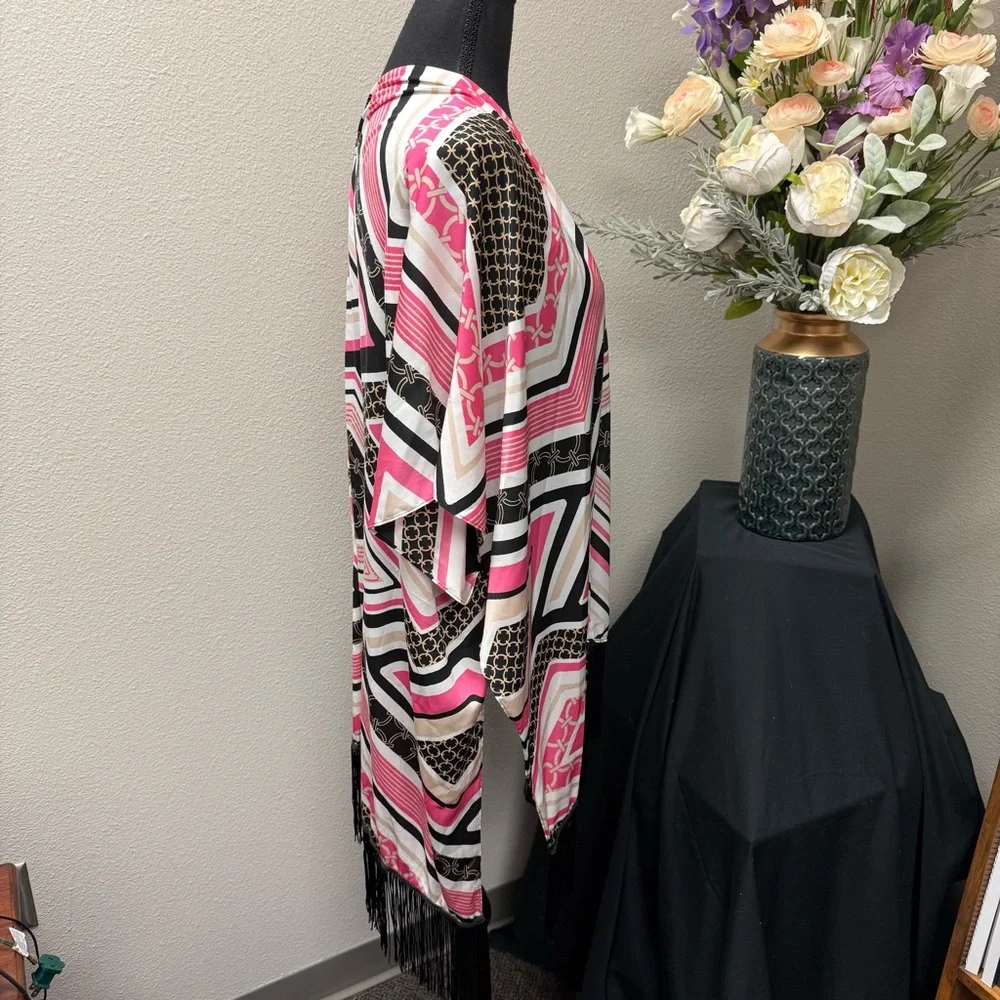 Cato One Size Kimono Cardigan Pink Black Geometric Fringe Trim Boho Festival - Picture 4 of 7